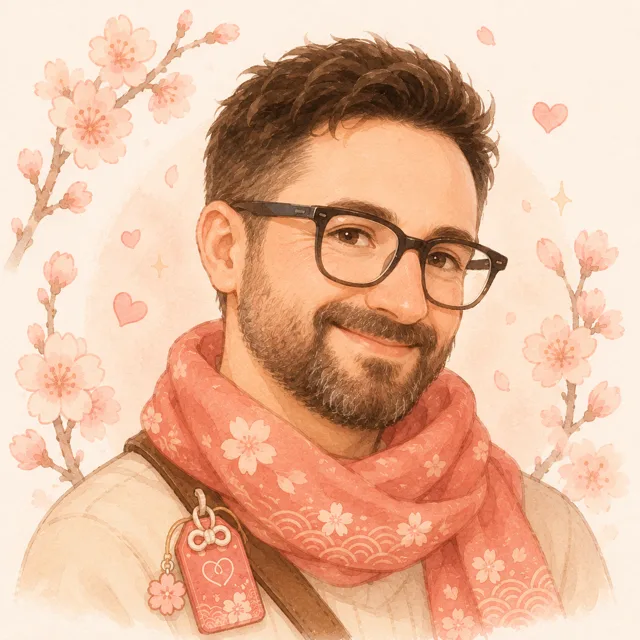Portrait illustré d’Adrien, souriant, avec des lunettes et une écharpe rose, entouré de fleurs de cerisier.
