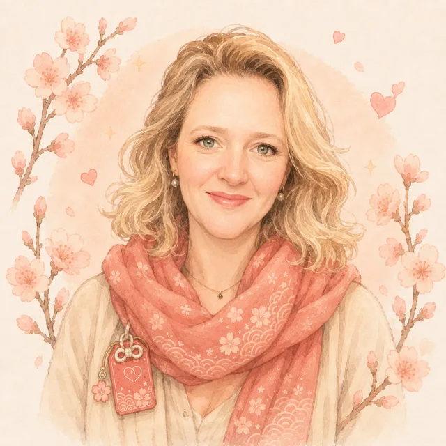 Portrait illustré de Delphine, souriante, avec des cheveux blonds ondulés et une écharpe rose fleurie.