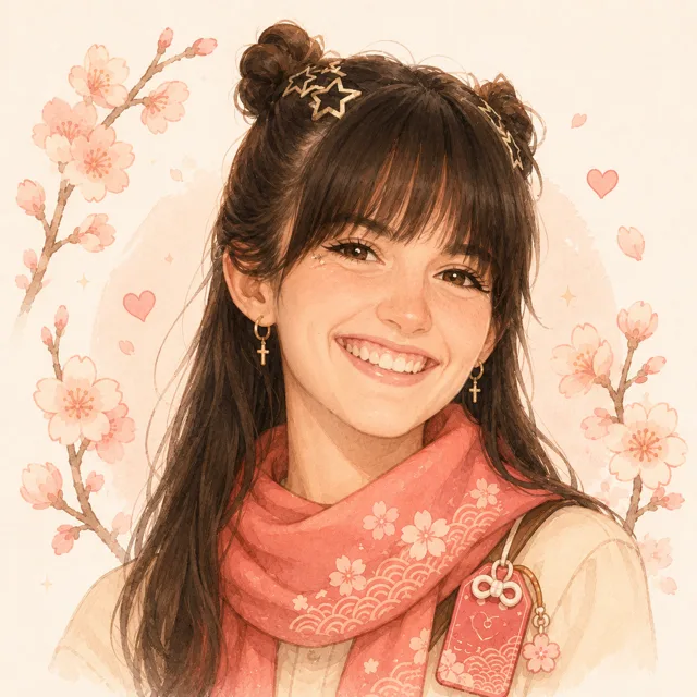 Portrait illustré de Léna, souriante, avec des chignons et des barrettes en forme d’étoiles.