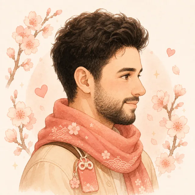 Portrait illustré de Mickaël, de profil, avec des cheveux bouclés et une écharpe rose.