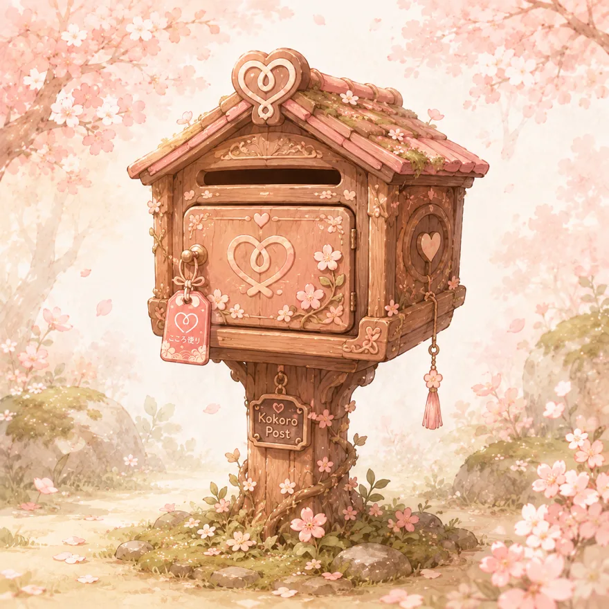 Illustration : la boîte aux lettres « Kokoro Post », en bois sculpté d’un cœur, entourée de cerisiers en fleurs.
