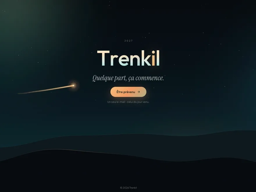 La page d'accueil de Trenkil : « Quelque part, ça commence », une étoile filante dans un ciel vert nuit.